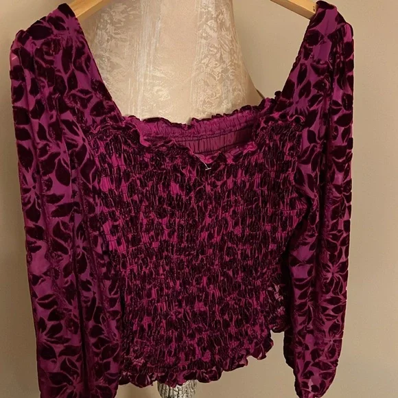 Velvet Burnout Torrid Size 2 Smocked TOP Sheer
Floral Sleeves Purple Wine Crop - Picture 15 of 17